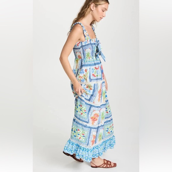 Farm Rio Anthropologie Tropical Tiles Maxi Dress Smocked Print Ruffle - Picture 3 of 7